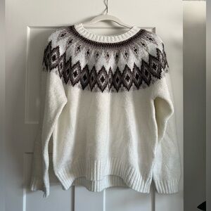 White and Brown Fair Isle Knit Sweater